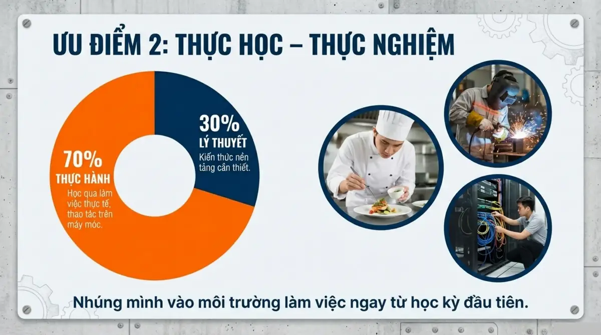 Biểu đồ tròn thực hành và lý thuyết, cạnh ảnh đầu bếp, thợ hàn và kỹ thuật viên mạng đang làm việc