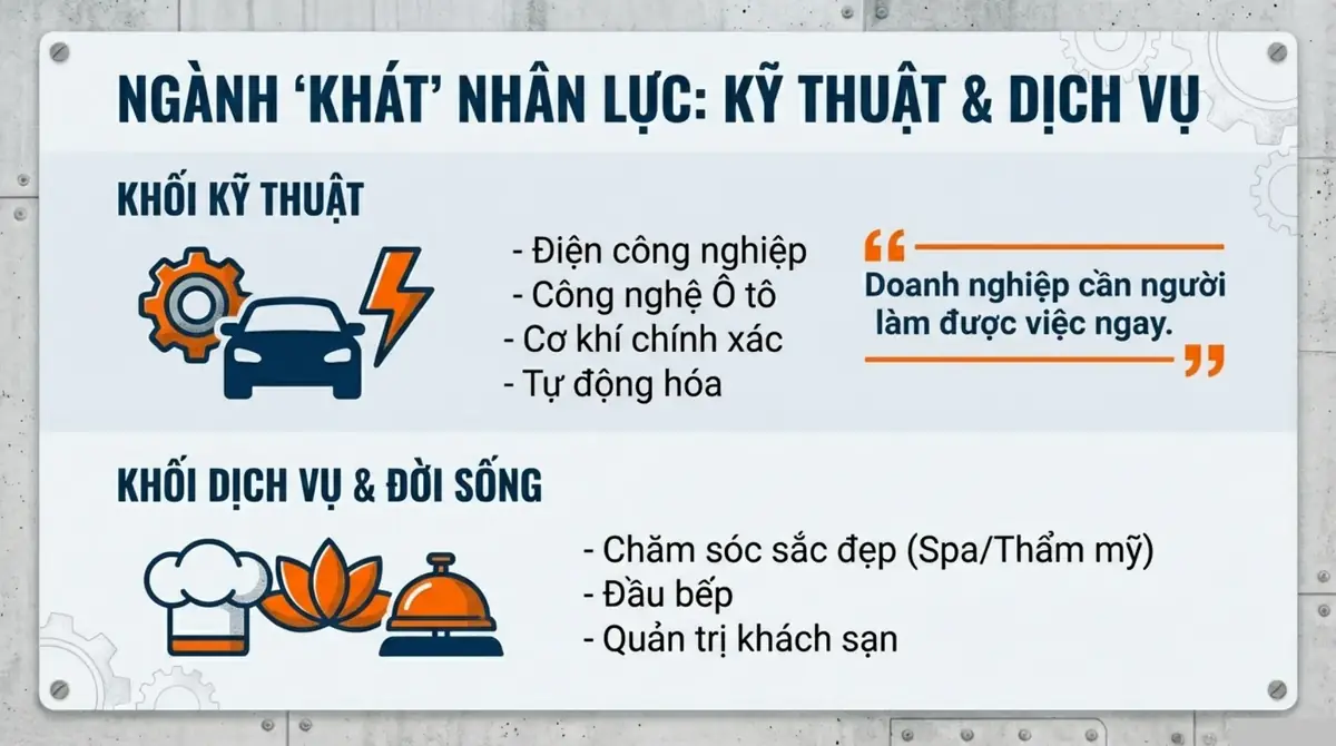 Danh sách ngành cao đẳng khối kỹ thuật và khối dịch vụ đời sống, kèm câu doanh nghiệp cần người làm được việc ngay