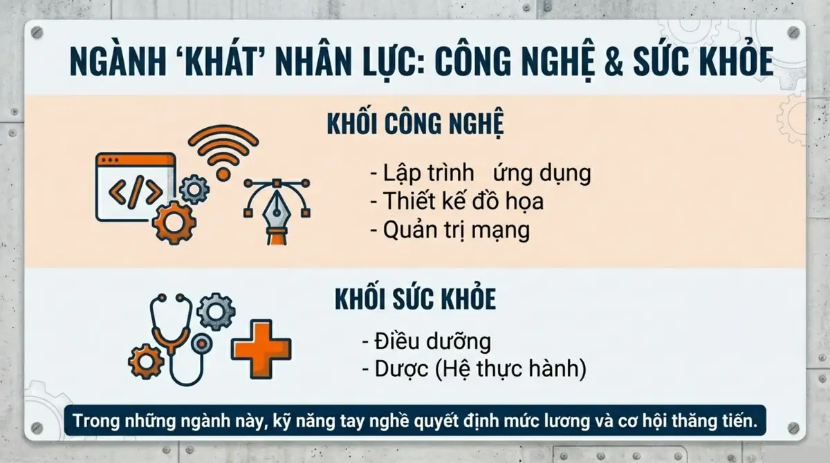 Danh sách ngành cao đẳng đang cần người ở khối công nghệ và khối sức khỏe, gồm điều dưỡng và dược hệ thực hành