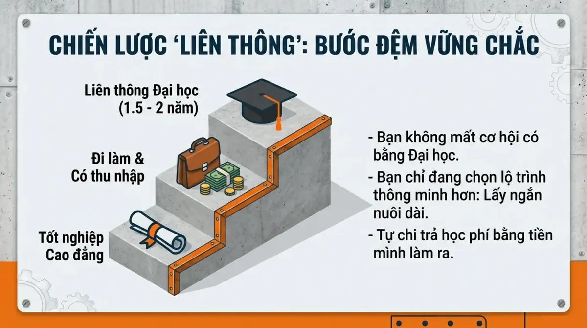 Bậc thang từ tốt nghiệp cao đẳng, đi làm có thu nhập, rồi liên thông lên đại học
