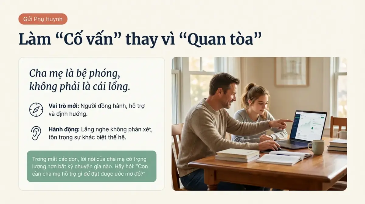 Cha và con gái cùng xem máy tính, bên cạnh dòng chữ cố vấn thay vì quan tòa