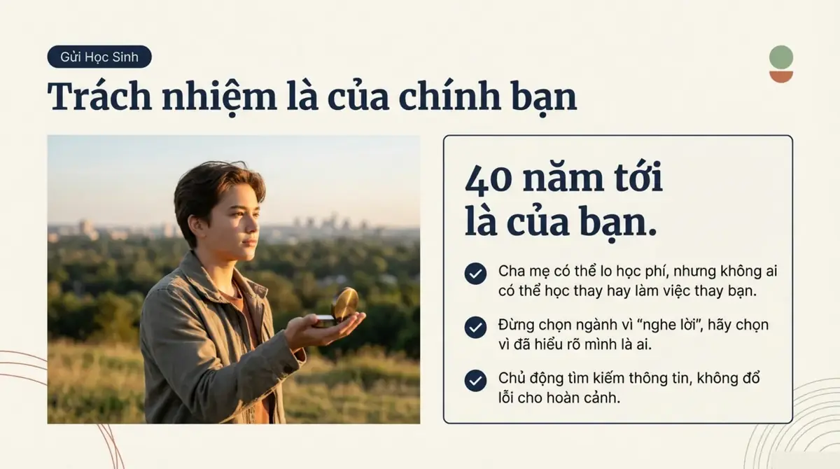 Học sinh cầm la bàn trên tay, bên cạnh dòng chữ 40 năm tới là của bạn