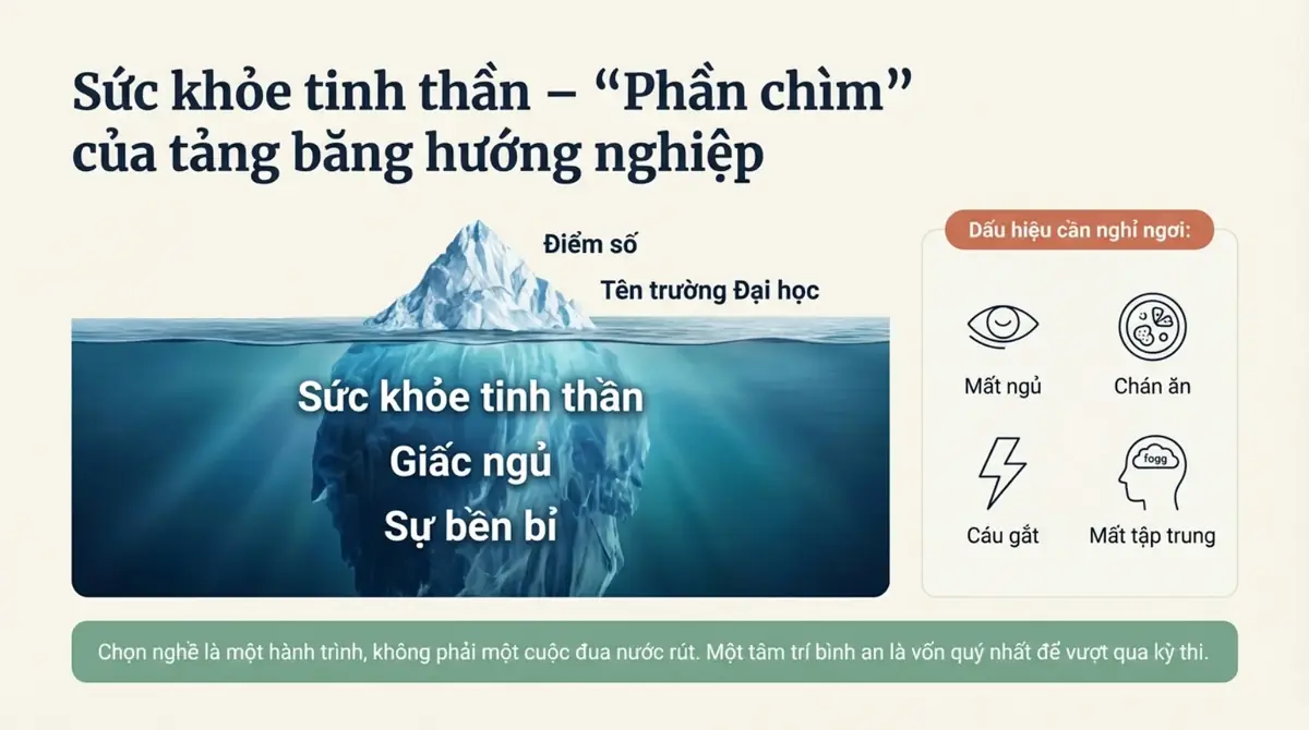 Tảng băng hướng nghiệp với phần chìm là sức khỏe tinh thần, giấc ngủ, sự bền bỉ, kèm bốn dấu hiệu cần nghỉ