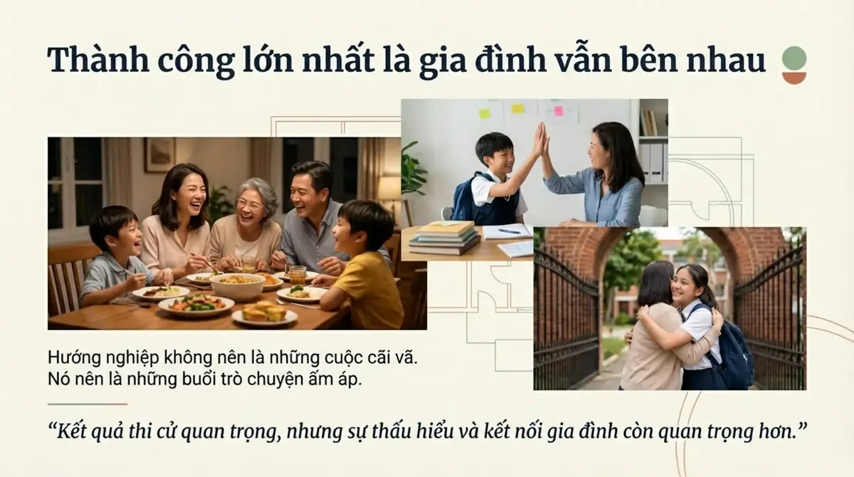 Ảnh ghép gia đình cùng ăn cơm, mẹ đập tay khích lệ con và mẹ ôm con trước cổng trường