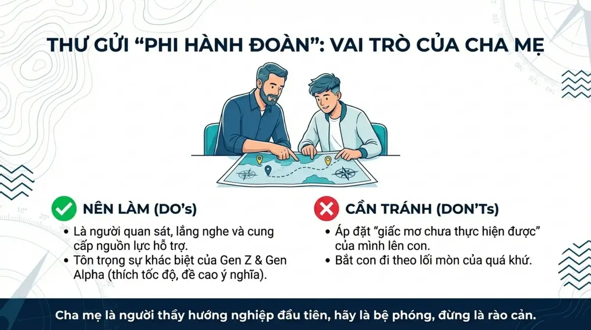 Cha và con cùng xem bản đồ, bên cạnh hai cột việc nên làm và nên tránh của phụ huynh