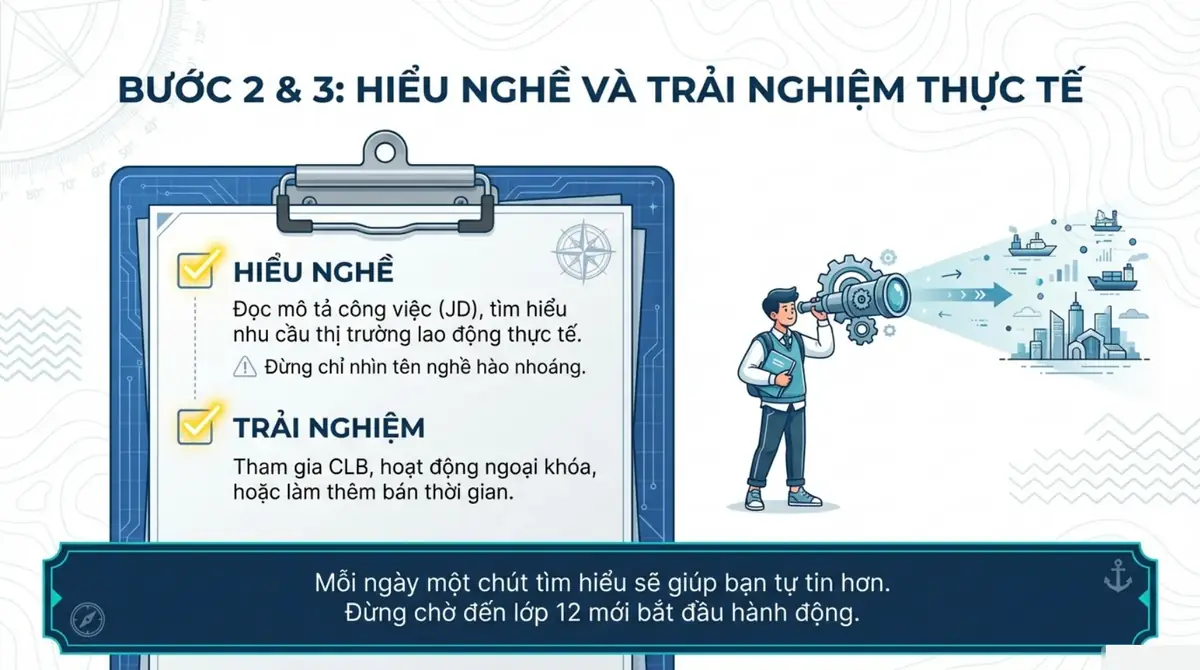 Bảng việc cần làm ở bước hiểu nghề và trải nghiệm thực tế, kèm hình học sinh nhìn về thành phố