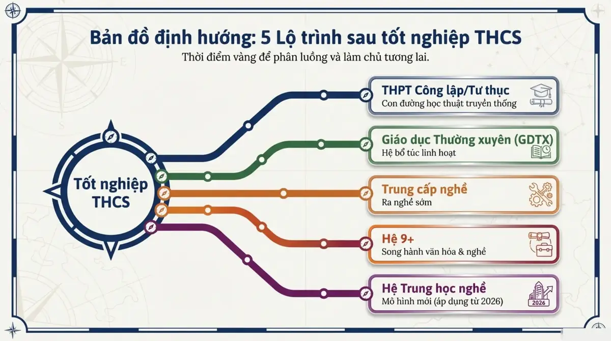 Sơ đồ năm lộ trình sau tốt nghiệp THCS: THPT, giáo dục thường xuyên, trung cấp nghề, hệ 9+ và trung học nghề