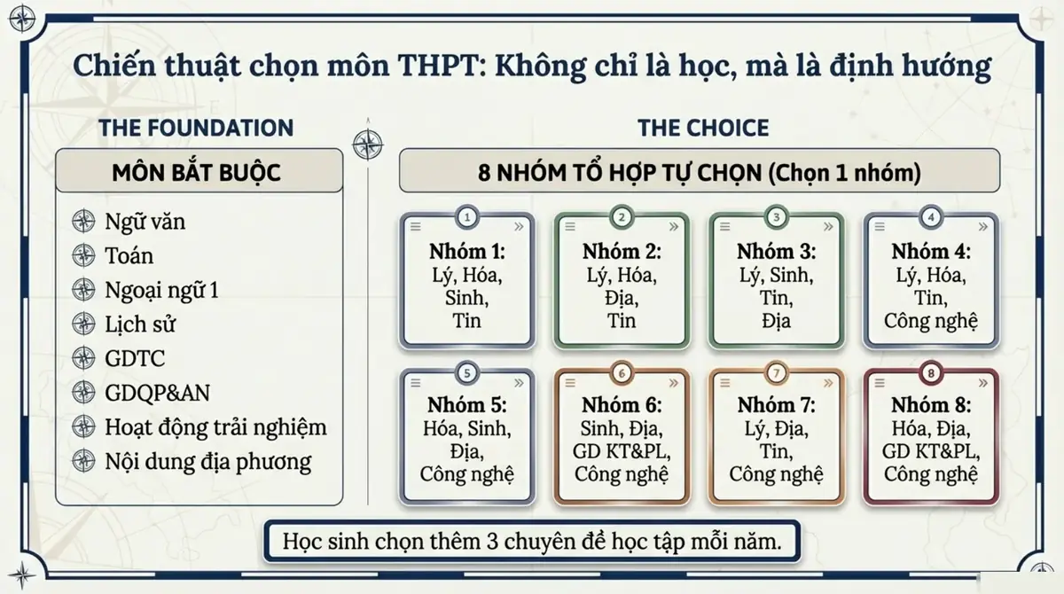 Sơ đồ môn bắt buộc ở THPT và 8 nhóm 4 môn lựa chọn thường gặp, từ Lý Hóa Sinh Tin đến Hóa Địa GD KT&PL Công nghệ