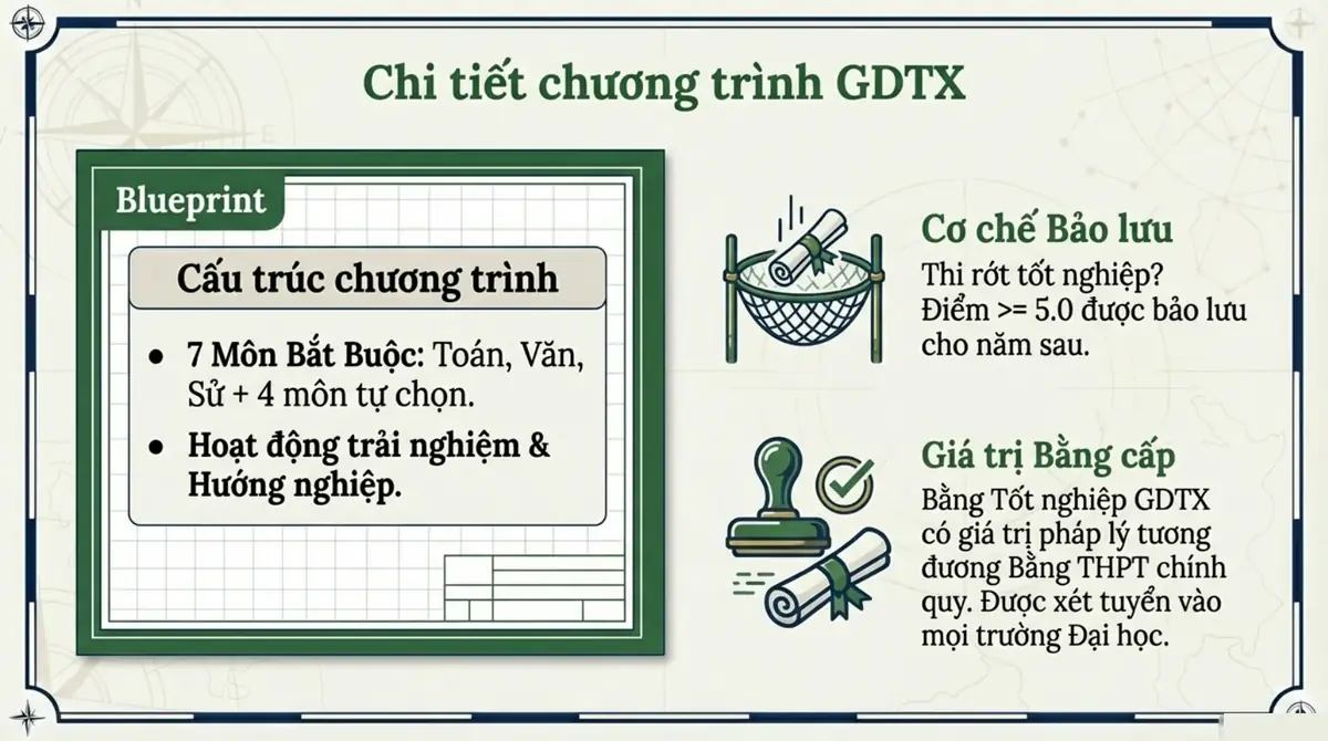 Cấu trúc chương trình giáo dục thường xuyên cấp THPT: 7 môn bắt buộc gồm Toán, Văn, Sử và 4 môn tự chọn