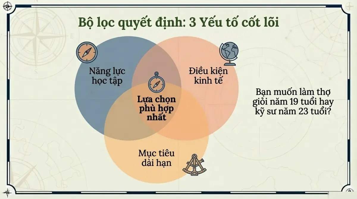 Ba vòng tròn năng lực học tập, điều kiện kinh tế và mục tiêu dài hạn giao nhau ở lựa chọn phù hợp nhất