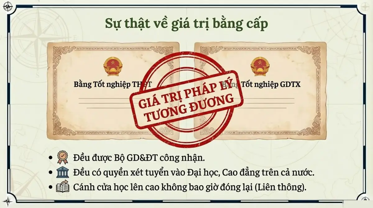 Hai tấm bằng tốt nghiệp THPT và tốt nghiệp GDTX được đóng dấu giá trị pháp lý tương đương