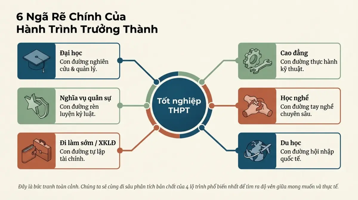 Sơ đồ sáu ngã rẽ từ mốc tốt nghiệp THPT: đại học, cao đẳng, học nghề, du học, đi làm sớm, nghĩa vụ quân sự