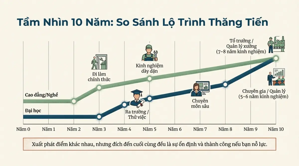 Biểu đồ minh họa lộ trình thăng tiến mười năm của người học cao đẳng và người học đại học