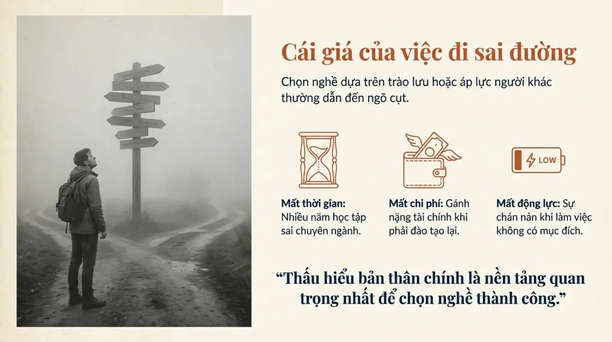 Người đứng trước ngã rẽ trong sương mù, kèm ba biểu tượng mất thời gian, chi phí và động lực