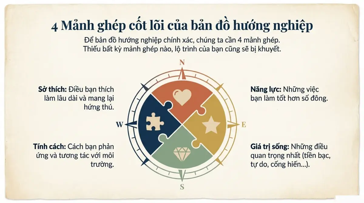 Sơ đồ bốn mảnh ghép sở thích, năng lực, giá trị sống và tính cách đặt trên mặt la bàn