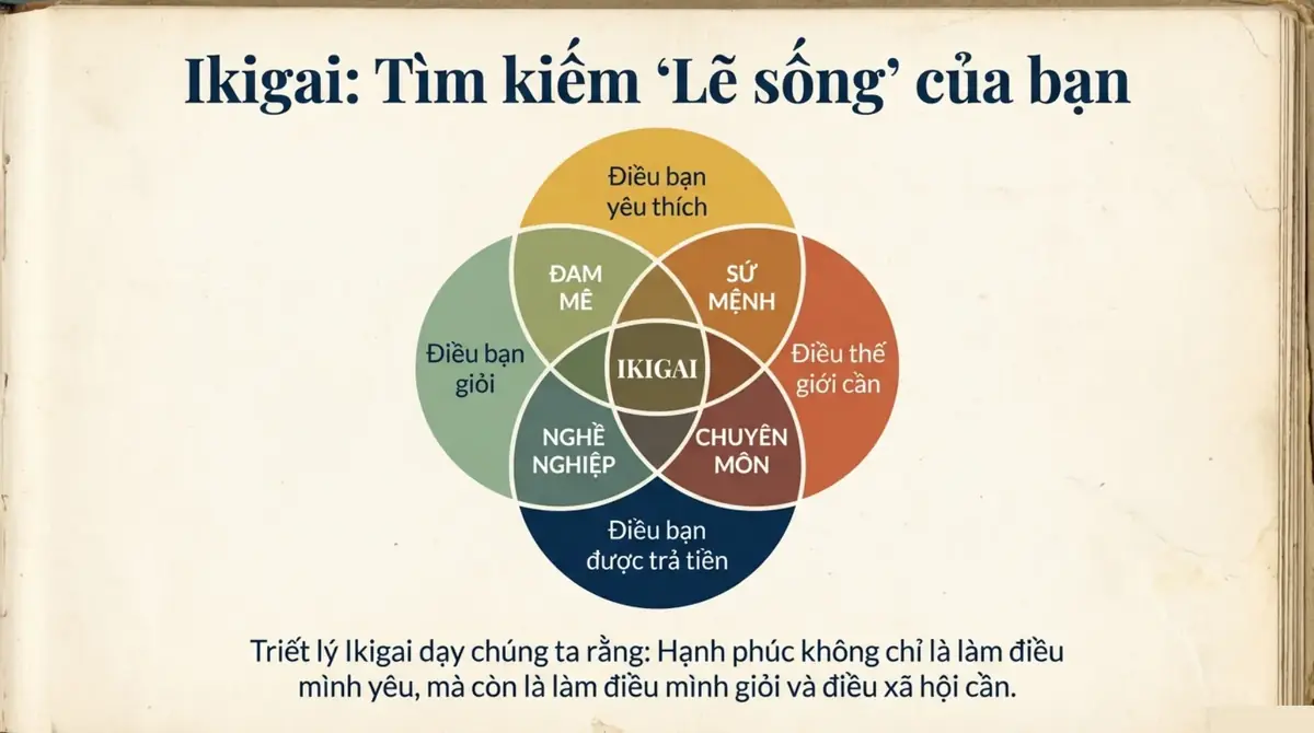 Sơ đồ Ikigai bốn vòng tròn: điều yêu thích, điều giỏi, điều thế giới cần và điều được trả tiền