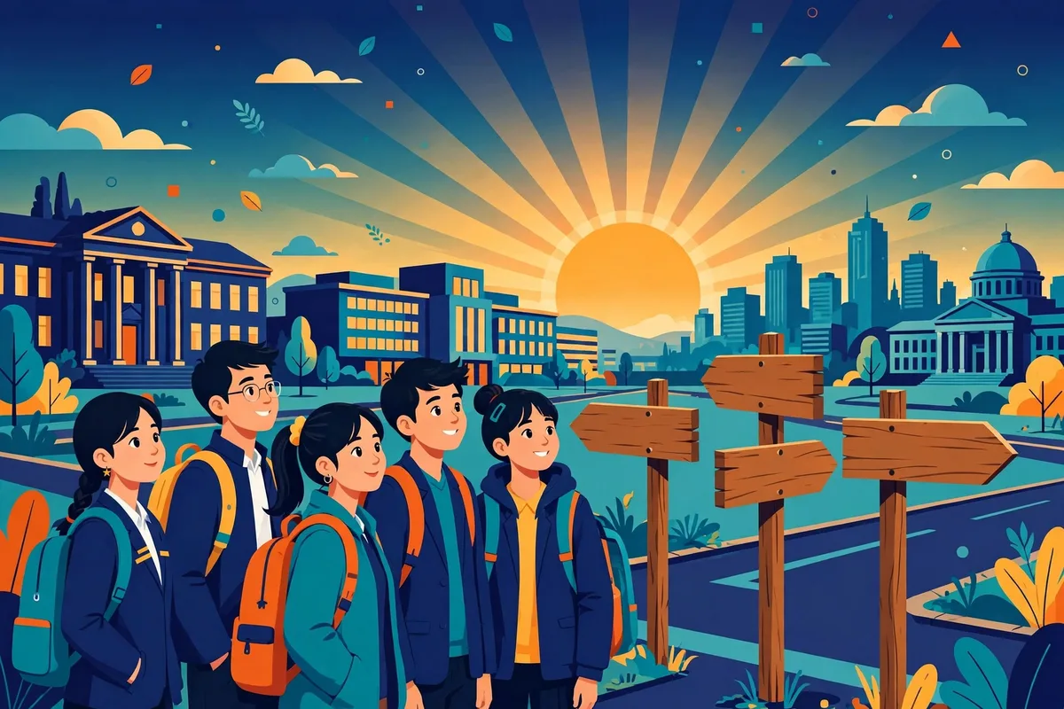 Minh họa bìa khóa học: học sinh đứng trước ngã rẽ chọn hướng đi tương lai